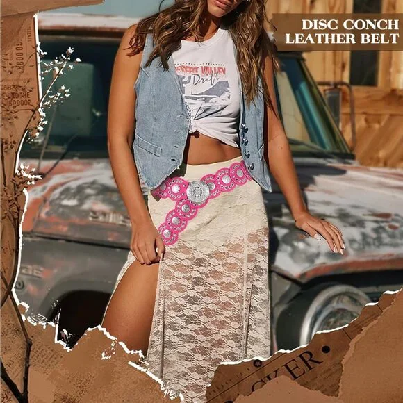 Women Vintage Disc Waist Concho Leather Belt Boho Waist Belt Rose Red Silver